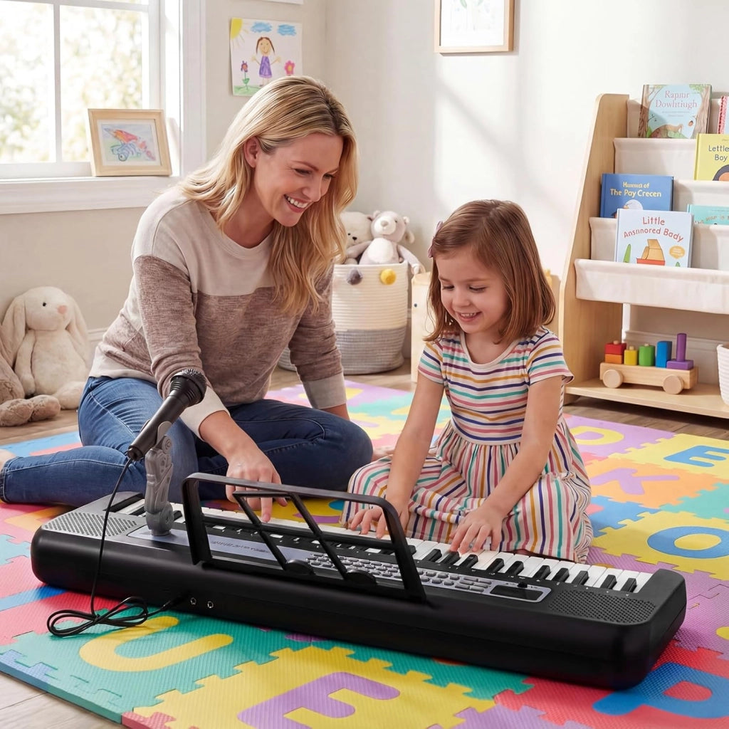Tastiera elettronica per bambini di 3 anni+, microfono e leggio, pianoforte digitale 61 tasti con supporto regolabile, pianoforte elettronico, 200 toni e ritmi, 20 demo (nero)