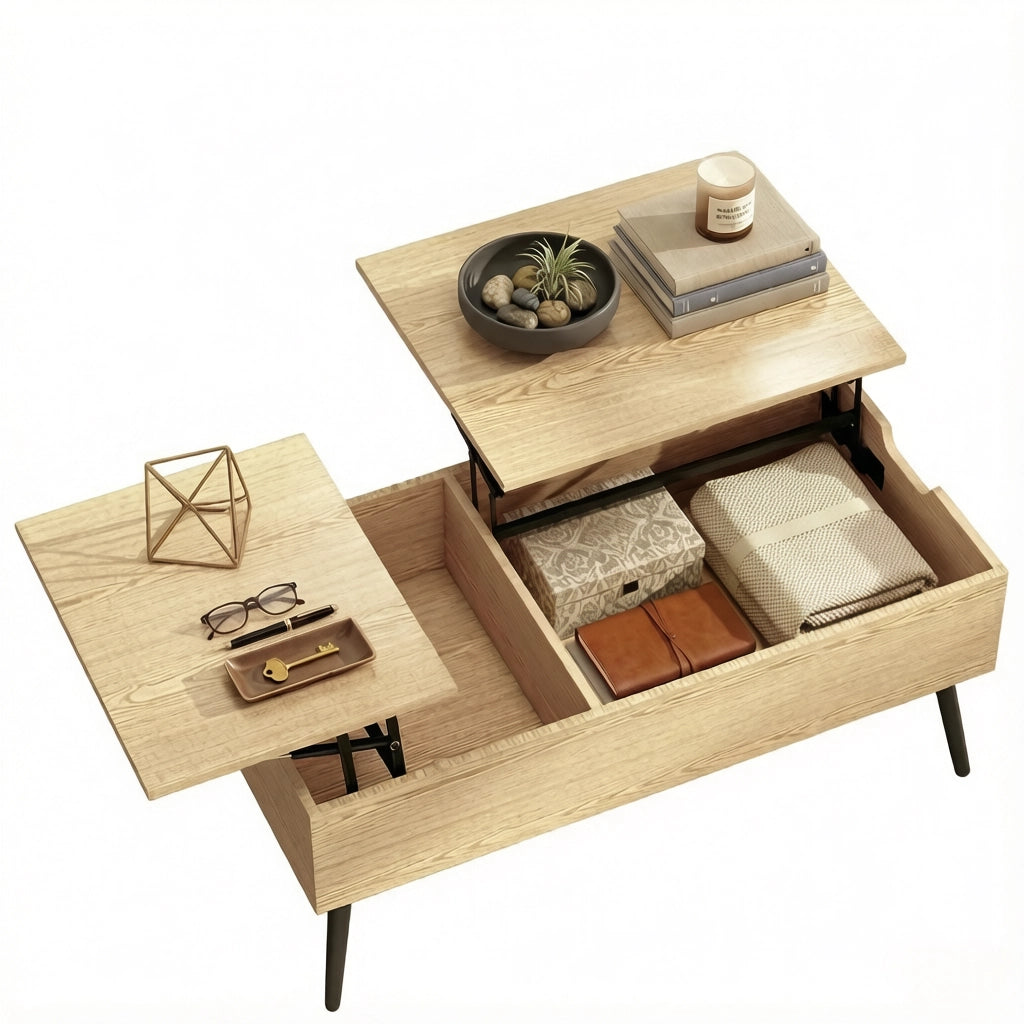 Tavolino da caffè alzabile con 2 vani nascosti; stile moderno; nero e legno naturale; 100 × 50 × 43.6 cm