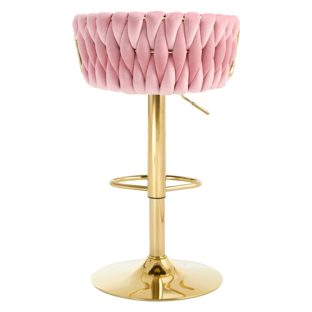 Sgabello bar girevole in velluto rosa con schienale, braccioli e altezza regolabile 77-98 cm