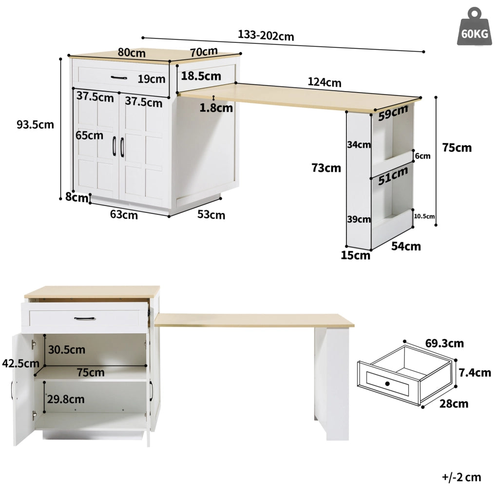 Tavolo bar allungabile con contenitore in MDF bianco, 133-202 cm
