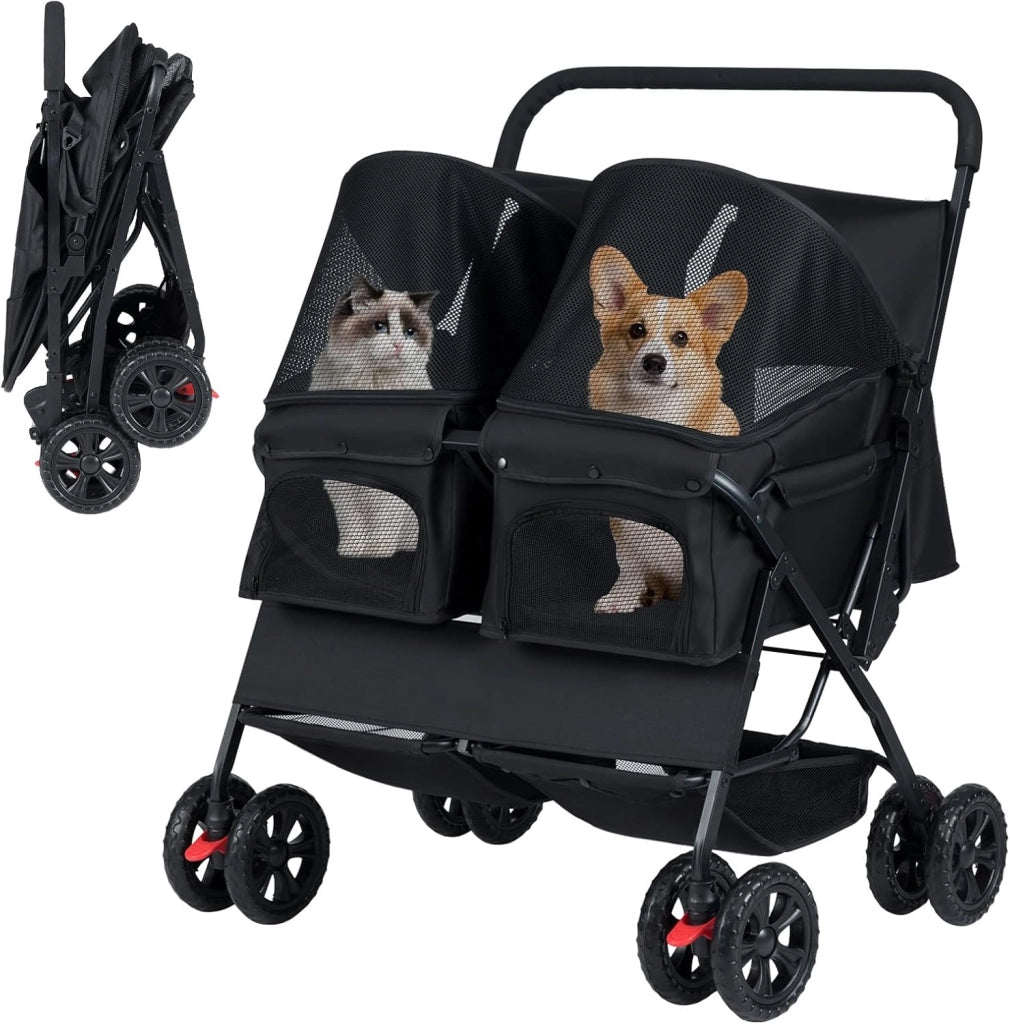 Passeggino Doppio per Cani, Carrozzina Pieghevole a 2 Posti con Tettuccio Regolabile, Cuscino Rimovibile, Cintura di Sicurezza, Cestino e 4 Ruote, Passeggino per 2 Cuccioli e Gatti (Nero)