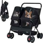 Passeggino Doppio per Cani, Carrozzina Pieghevole a 2 Posti con Tettuccio Regolabile, Cuscino Rimovibile, Cintura di Sicurezza, Cestino e 4 Ruote, Passeggino per 2 Cuccioli e Gatti (Nero)