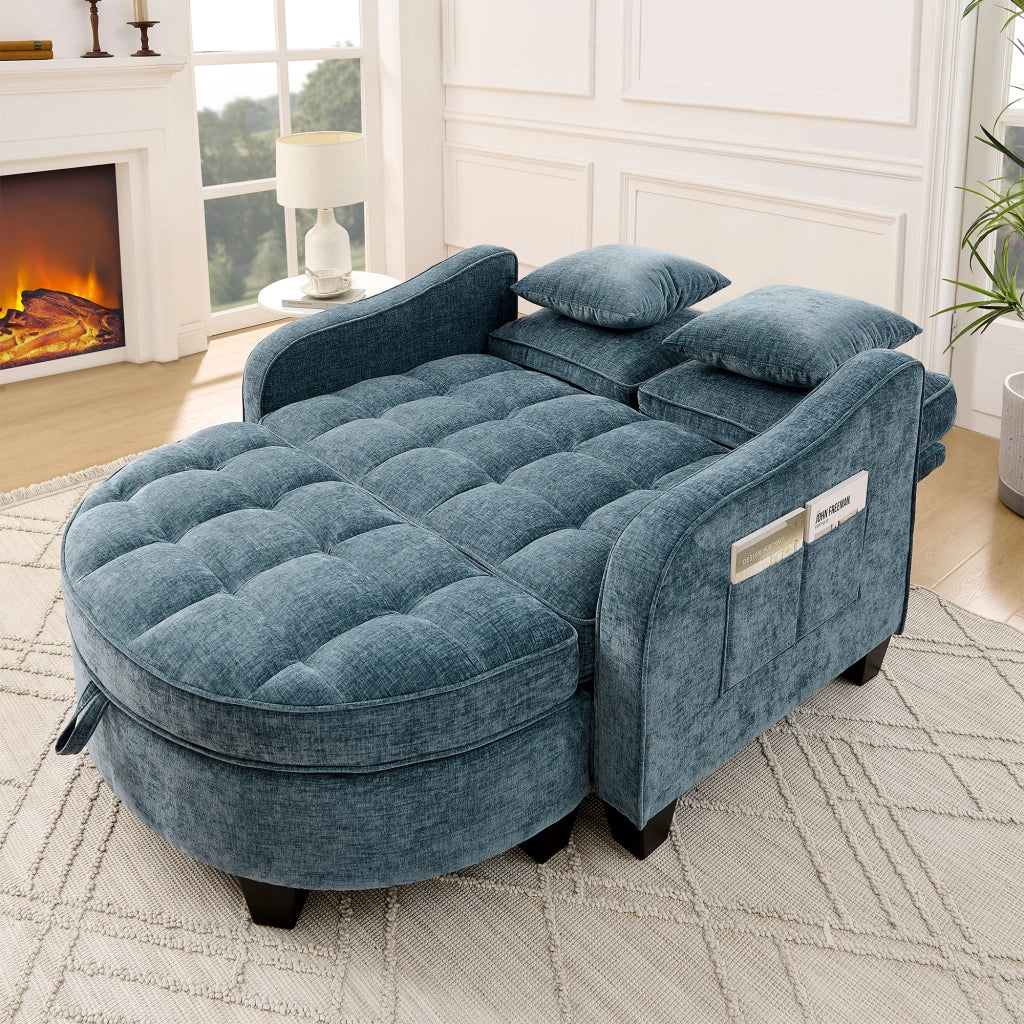 Divano letto multifunzione 2 in 1 con pouf contenitore e tessuto traspirante in eucalipto blu