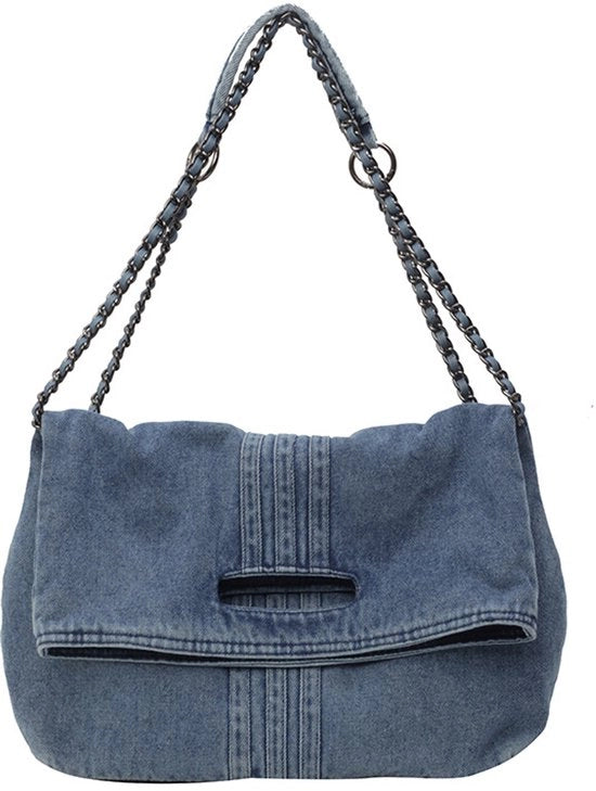 Borsa da Donna in Jeans – Tendenza Borsa in Jeans – Grande Borsa a Tracolla in Jeans con Catena