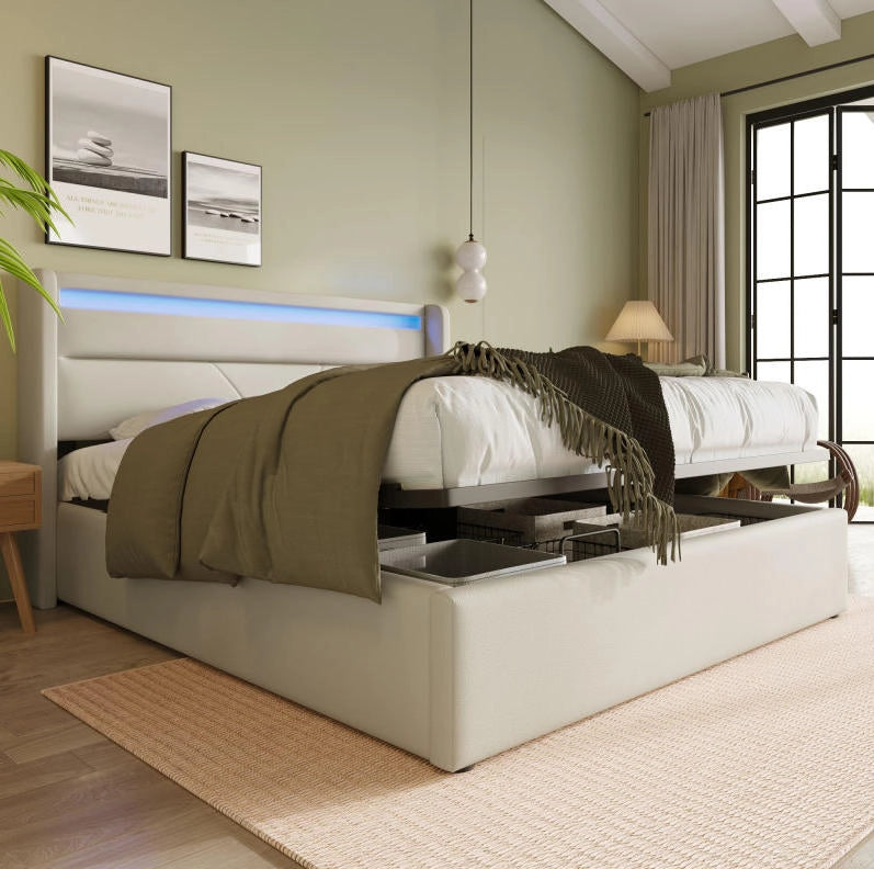 Letto imbottito 140x200 cm con LED e vano contenitore