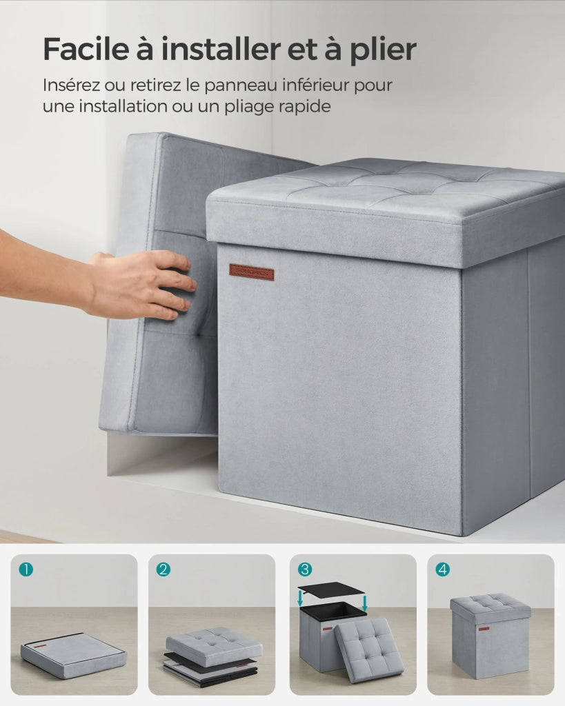 Panca/contenitore pieghevole in velluto con poggiapiedi e coperchio 31 x 41 x 31 cm capacità di carico 130 kg per ingresso/soggiorno grigio 12_0004141
