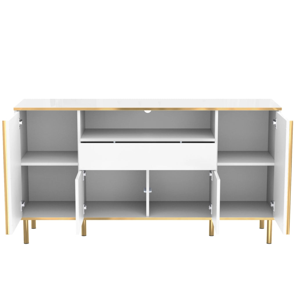 Credenza 150x40x80 cm con LED; 4 ante e 1 cassetto; MDF e pannello truciolare bianco lucido