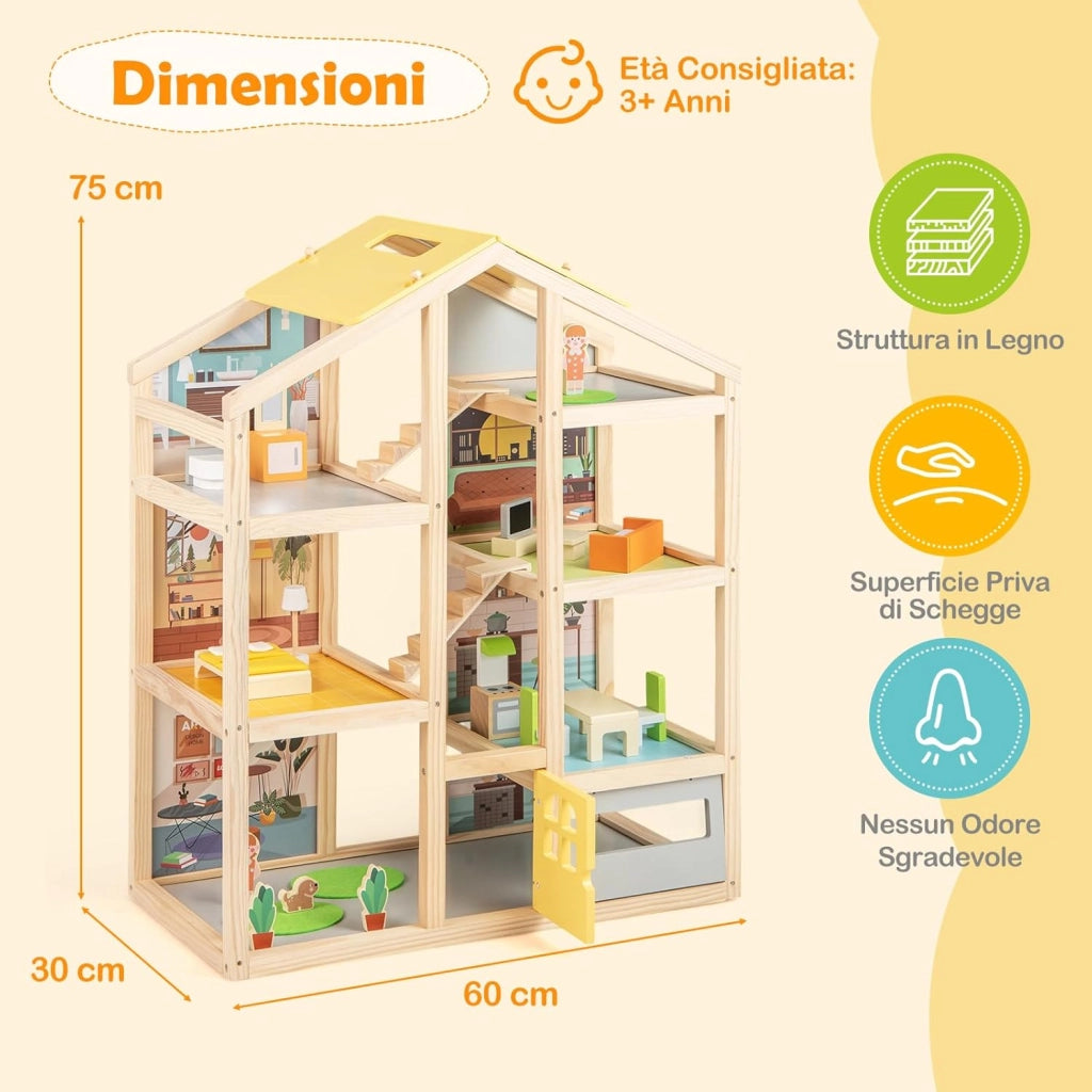 Casa delle Bambole in Legno, Casa Bambole con 4 Piani, 7 Stanze, Garage e Scale, Casetta Giocattolo Educativo con 18 Mobili Accessori e 3 Figure, per Bambini 3+ Anni, 60 x 30 x 75 cm