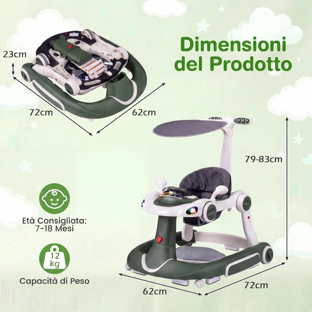 Girello per Bambini 6-in-1 Evolutivo, Centro Attività Pieghevole con Maniglia, Regolazione Altezza/Velocità, con Musica, Luci Tenda, per Neonati 6-18 Mesi (Verde+Bianco)