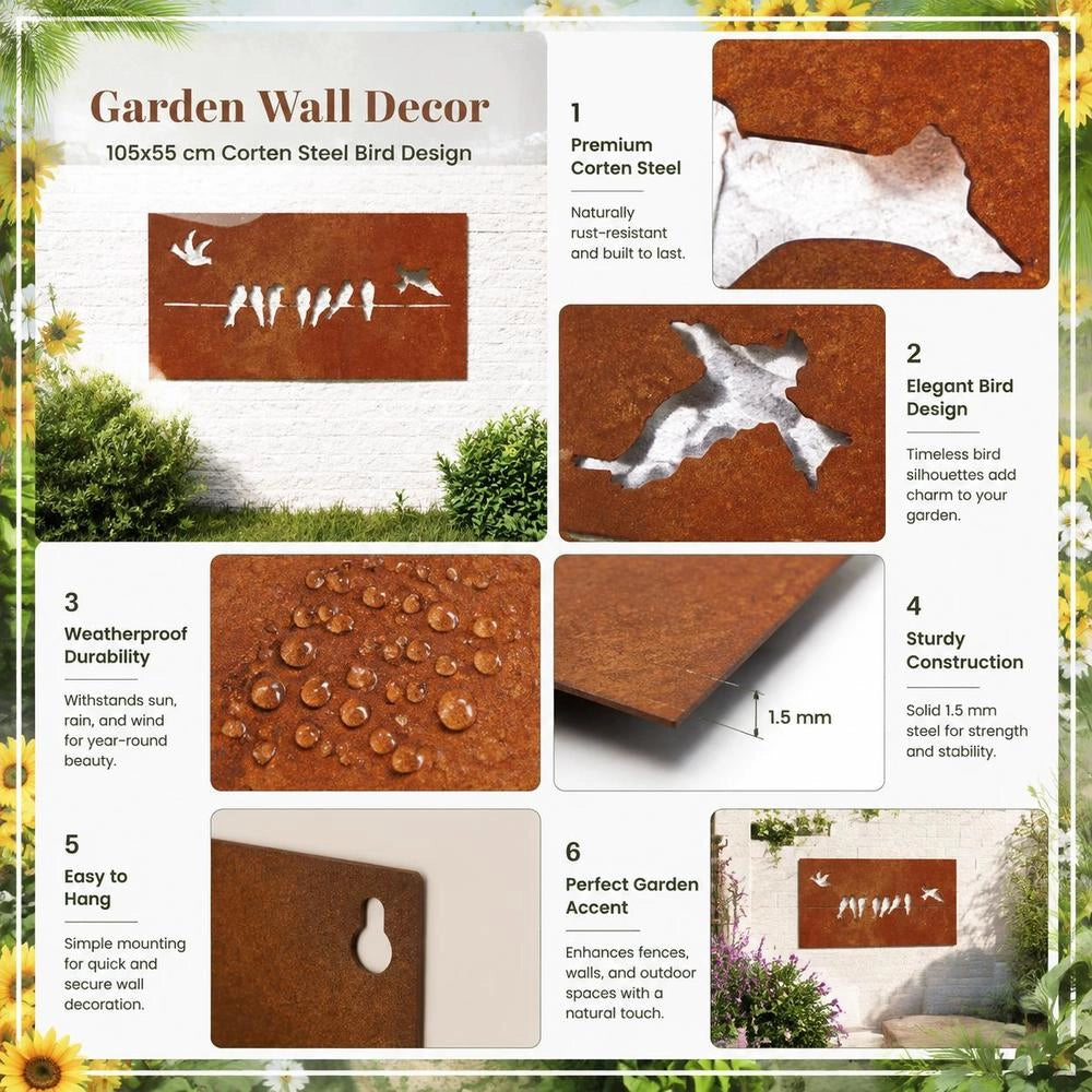 Garden Wall Decoration 105x55 Cm Corten Steel Bird Design
