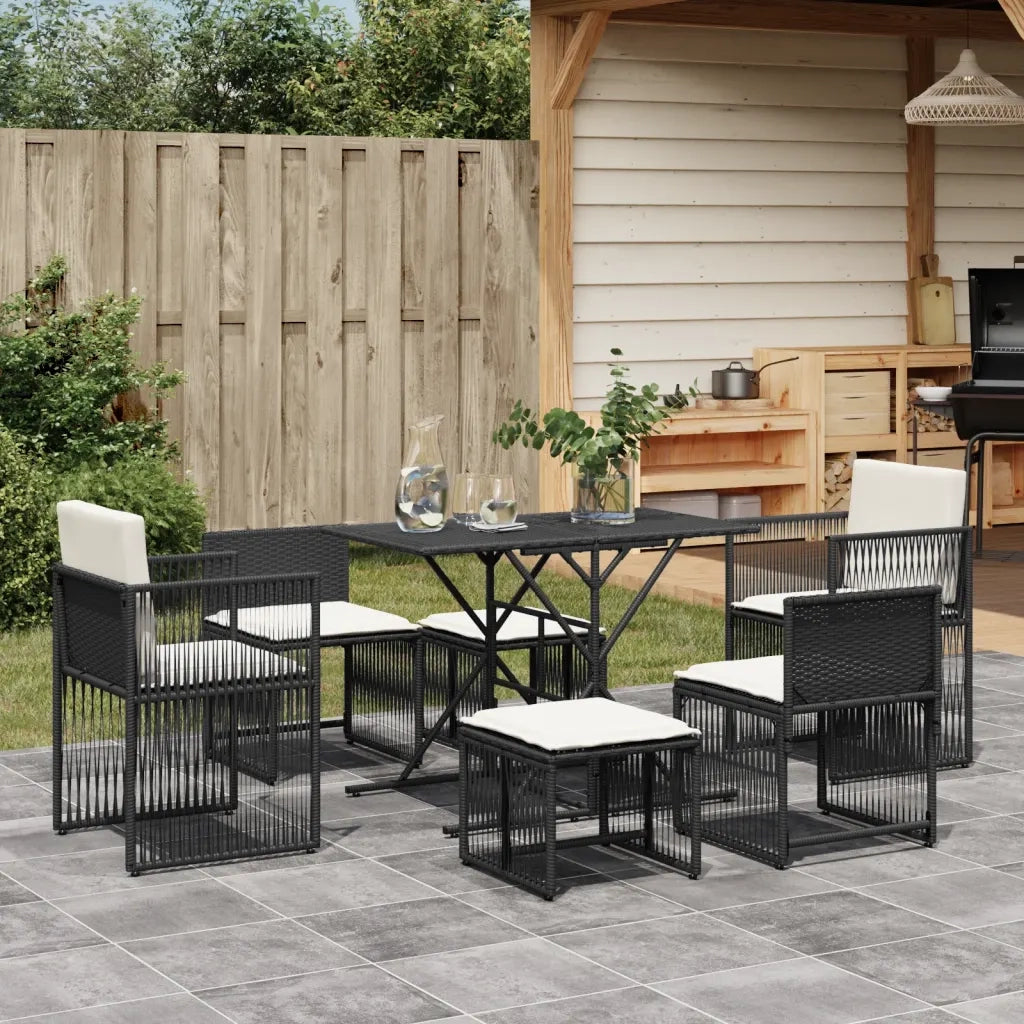 Set da Pranzo da Giardino 7 pz Nero con Cuscini in Polyrattan