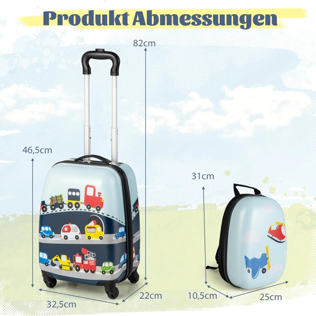 Set di Valigia 16’’ + Zaino 12’’ per Bambini 2 Pezzi, Bagagli 2-in-1 con Zainetto da Viaggio Aereo, Trolley con Maniglia Telescopica e 4 Ruote a 360° (Blu Traffico)