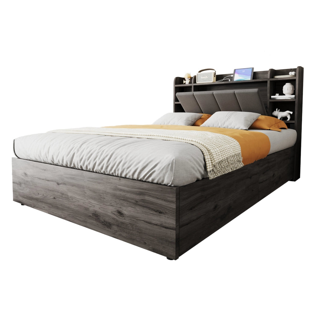 OKWISH Letto contenitore 140×200 cm, Letto Matrimoniale con Contenitore Idraulico, USB, Tipo C e Scomparti, senza Materasso, MDF, Grigio
