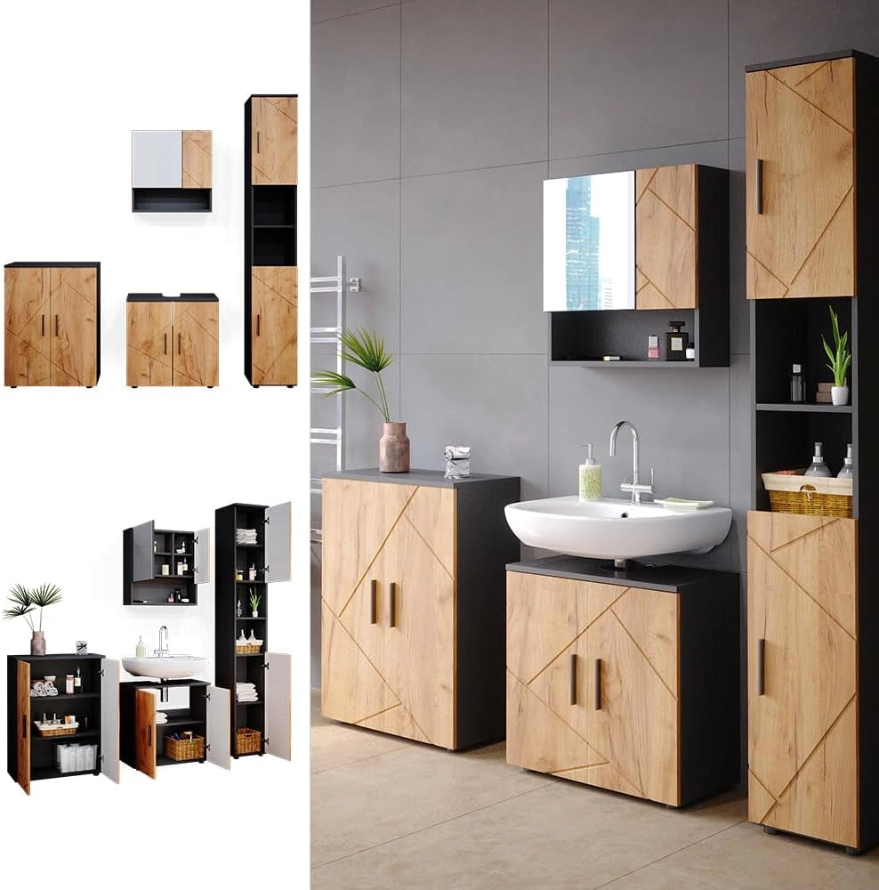 Set mobili bagno Irma, Quercia dorata/antracite, 80 cm, composto da mobile lavabo, pensile a specchio, colonna e base media