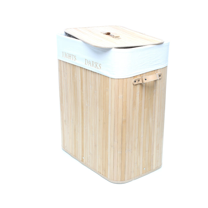 Cesto portabiancheria bambù chiaro 105l, due scomparti, sacco interno rimovibile