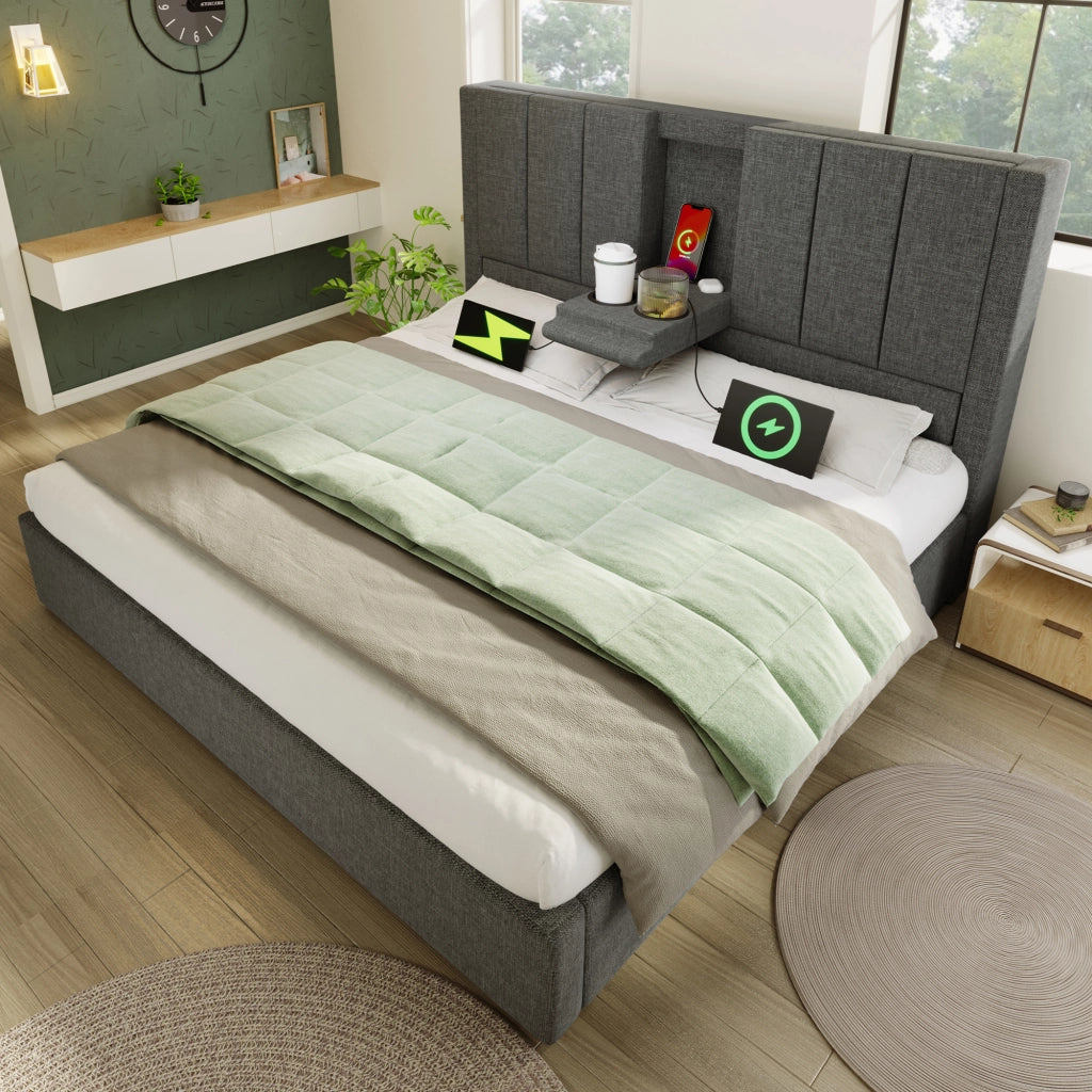 LETTO contenitore 160x200 cm in lino grigio con materasso incluso