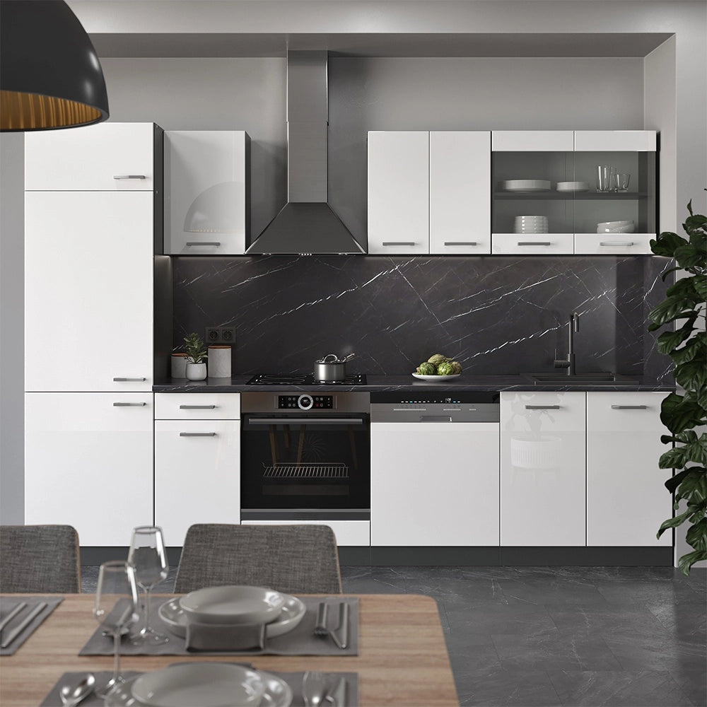 Cucina componibile R-Line Bianco lucido/Antracite 300 cm, PL Marmo Vicco