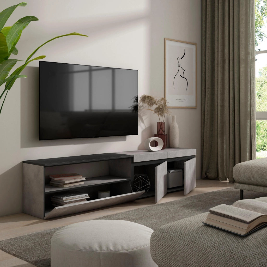Mobile TV, 200x35x45cm, soggiorno, Per TV fino a 80", Mobile Soggiorno, grigio cemento RF2214