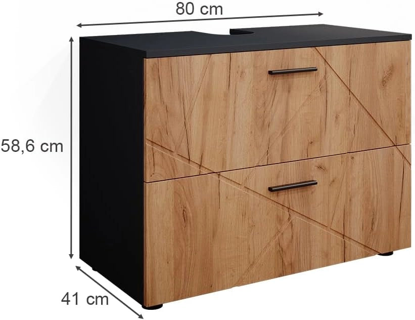 Mobile sottolavabo per bagno Irma, Quercia dorata/antracite, 80 x 58.6 cm, adatto per l'installazione sopra il sifone con aperture di aerazione