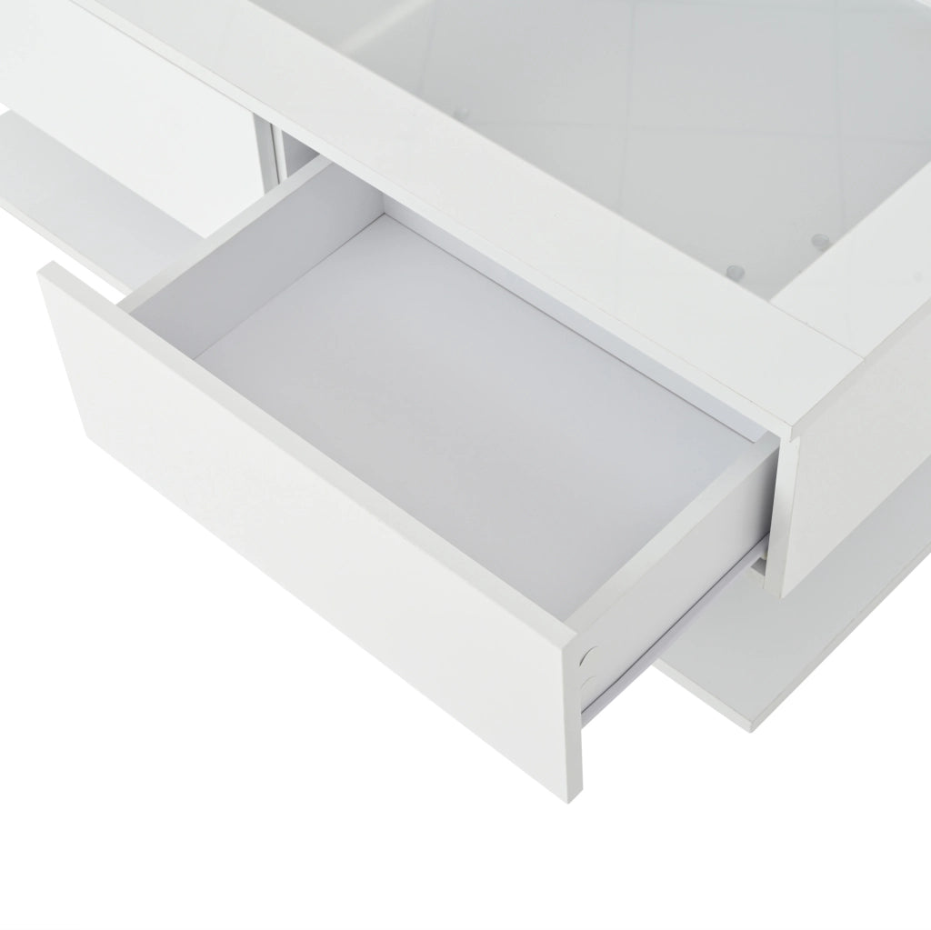 Tavolino da salotto 100x50x35 cm bianco lucido con 2 cassetti; piano in vetro temperato e LED