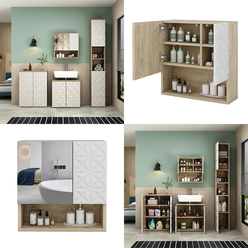 Specchio contenitore bagno Edge, Bianco, 54 x 55 cm con anta e vani a giorno, per la conservazione in bagno con meccanismo push-to-open