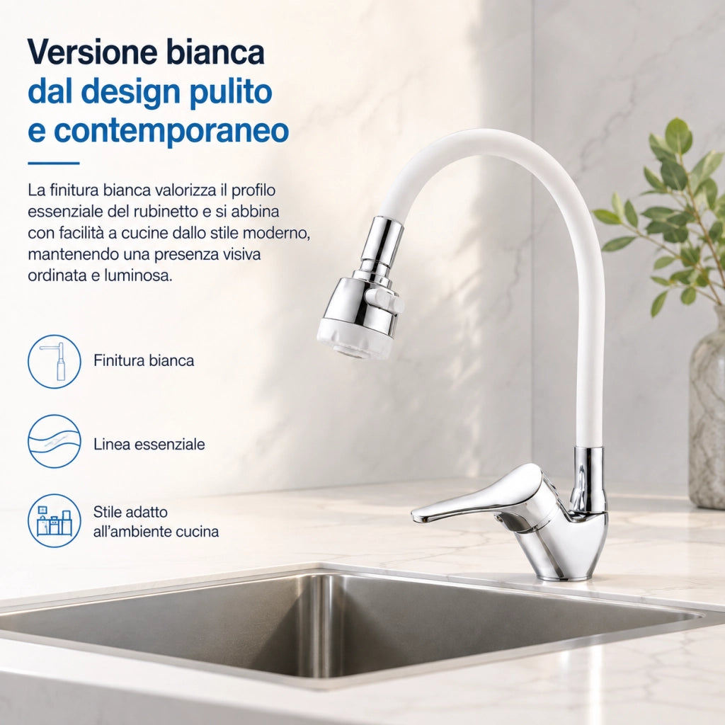 Rubinetto Cucina Doccetta 2 Getti Tubo Girevole Flessibile Silicone  Bianco