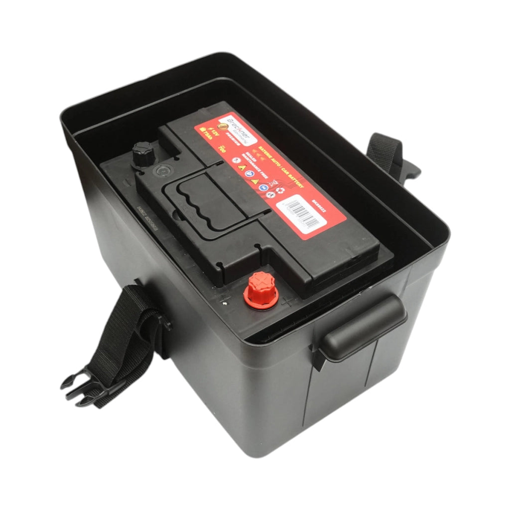 Cassetta per batteria auto 12V con voltmetro DC 6–36V, interruttore di circuito 16A, fusibile da 30A, 2 prese accendisigari, display LCD, 2 porte USB, 340 × 195 × 200 mm.