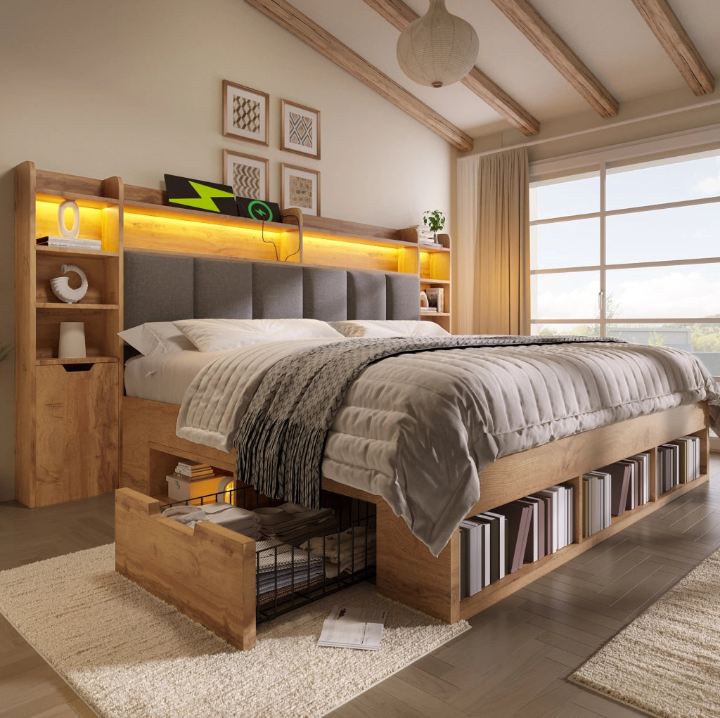 Letto matrimoniale 180x200 cm in finitura rovere con LED; prese USB e contenitore