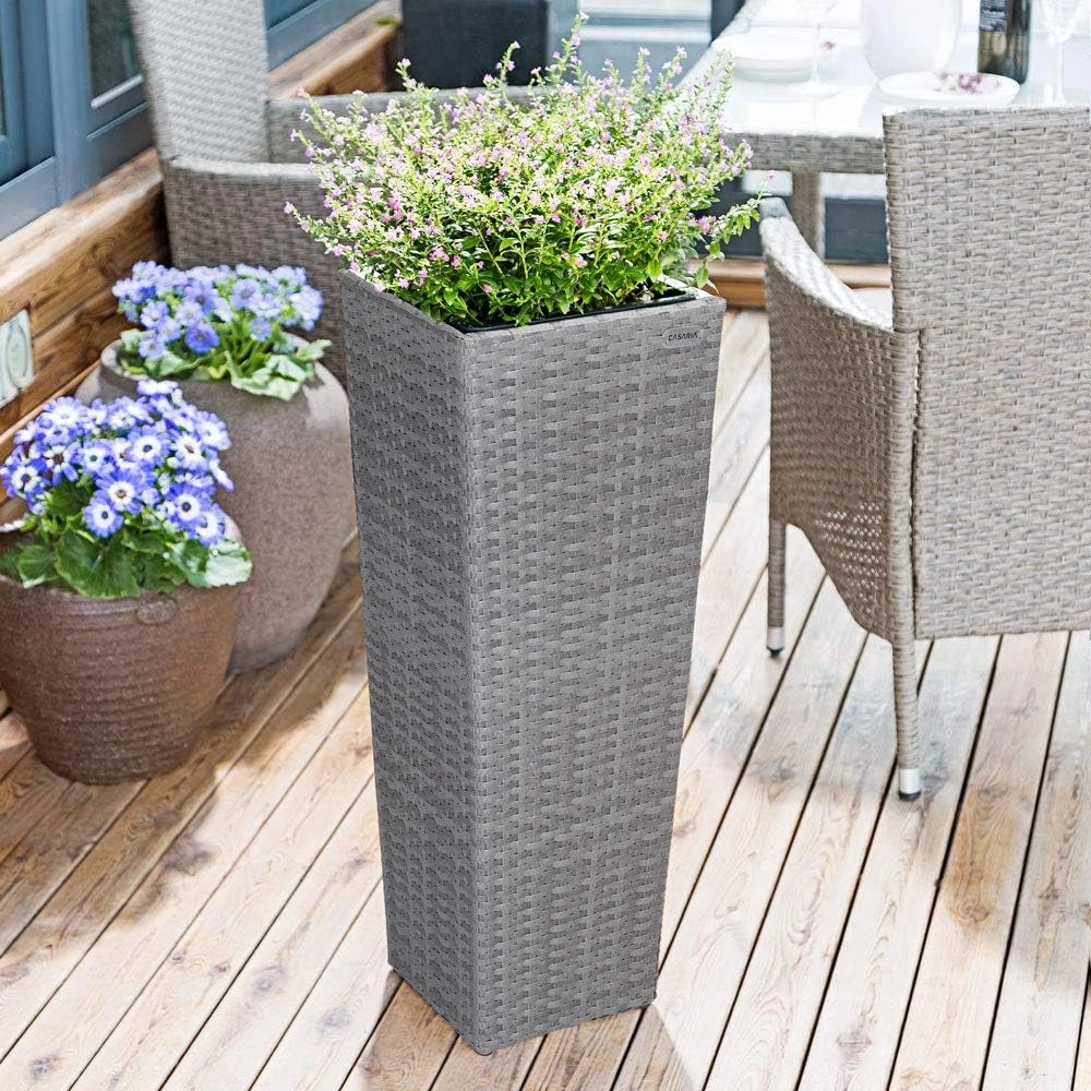 Deuba Fioriera in Polirattan Intrecciato a Mano Vaso Portafiori Set 3 pz Fioriere Cassette per Fiori Grigio