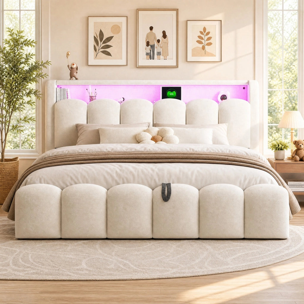 Letto matrimoniale imbottito 180x200 cm con contenitore; LED; USB e Type-C; velluto beige