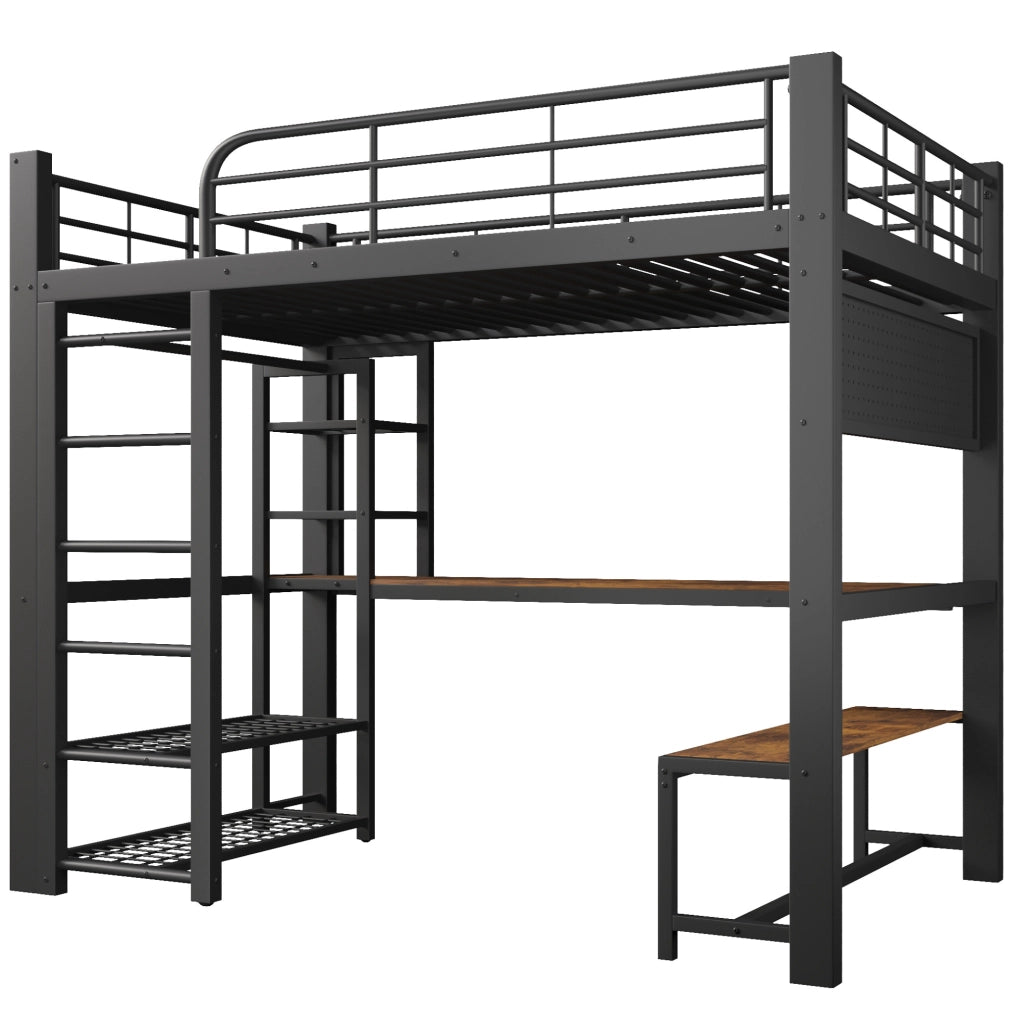 Letto a soppalco 140x200 cm in metallo con scrivania, LED e ripiani