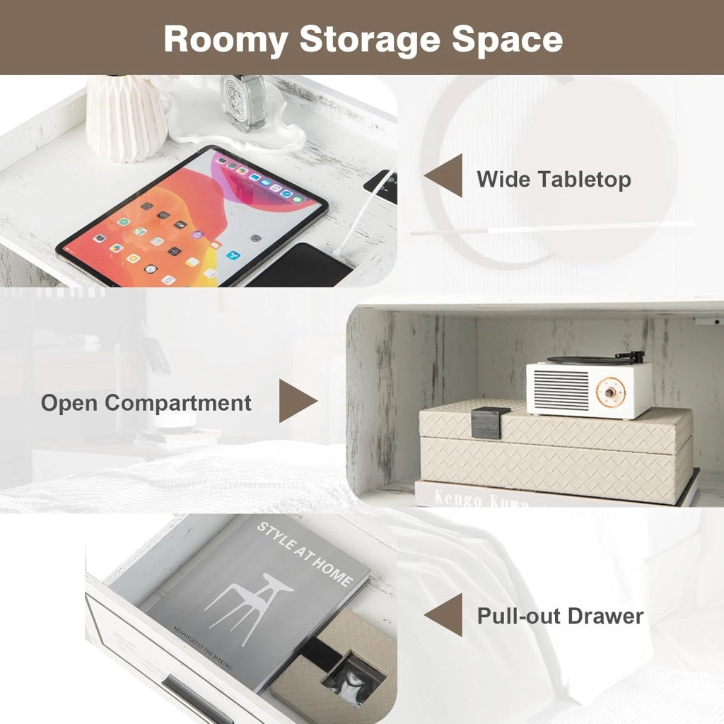 Comodino Camera da Letto con Porte USB e TYPE-C, LED Regolabile, Scomparto e Cassetto, Comodino Piccolo in Legno, Comodino Cameretta Moderno per Soggiorno, 45 x 40 x 50 cm (Bianco x 2)