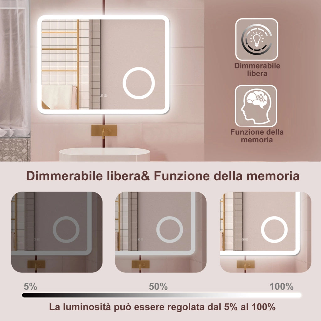 AICA Specchio da bagno  60 x 80 cm, dimmerabile, Blue tooth, Funzione Memoria, antiappannamento, 3 colori, Magnificatore