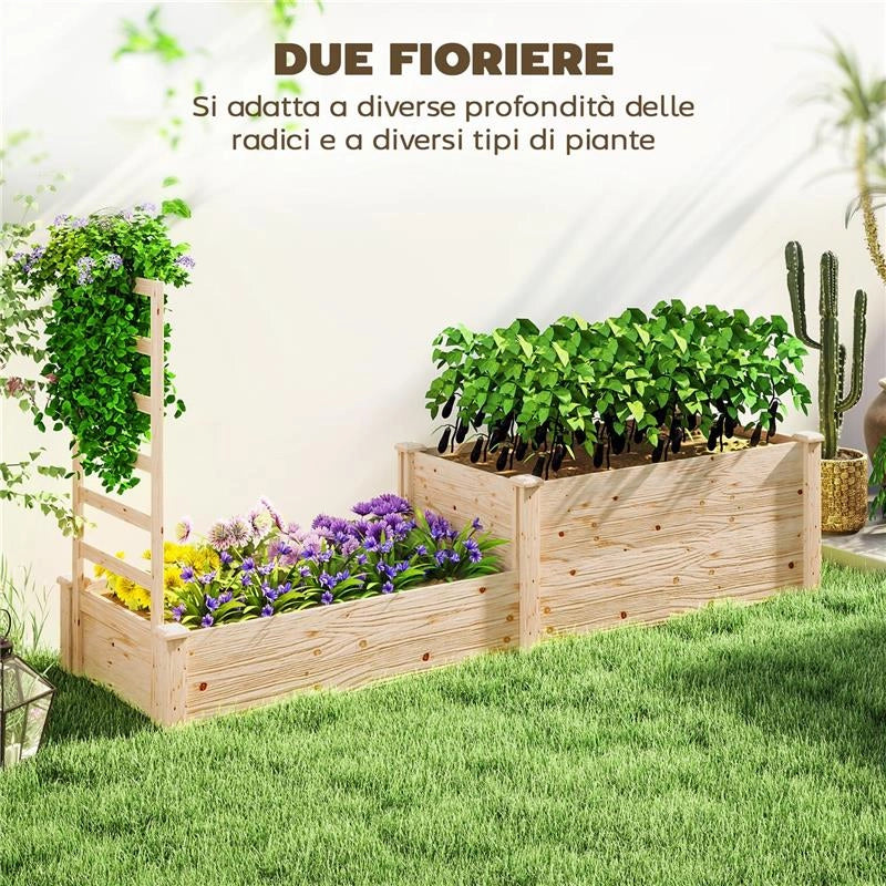 FIORIERA RIALZATA CON GRIGLIATO PER RAMPICANTI E DIVISORIO IN LEGNO DI ABETE 222X63X132 CM COLOR LEGNO