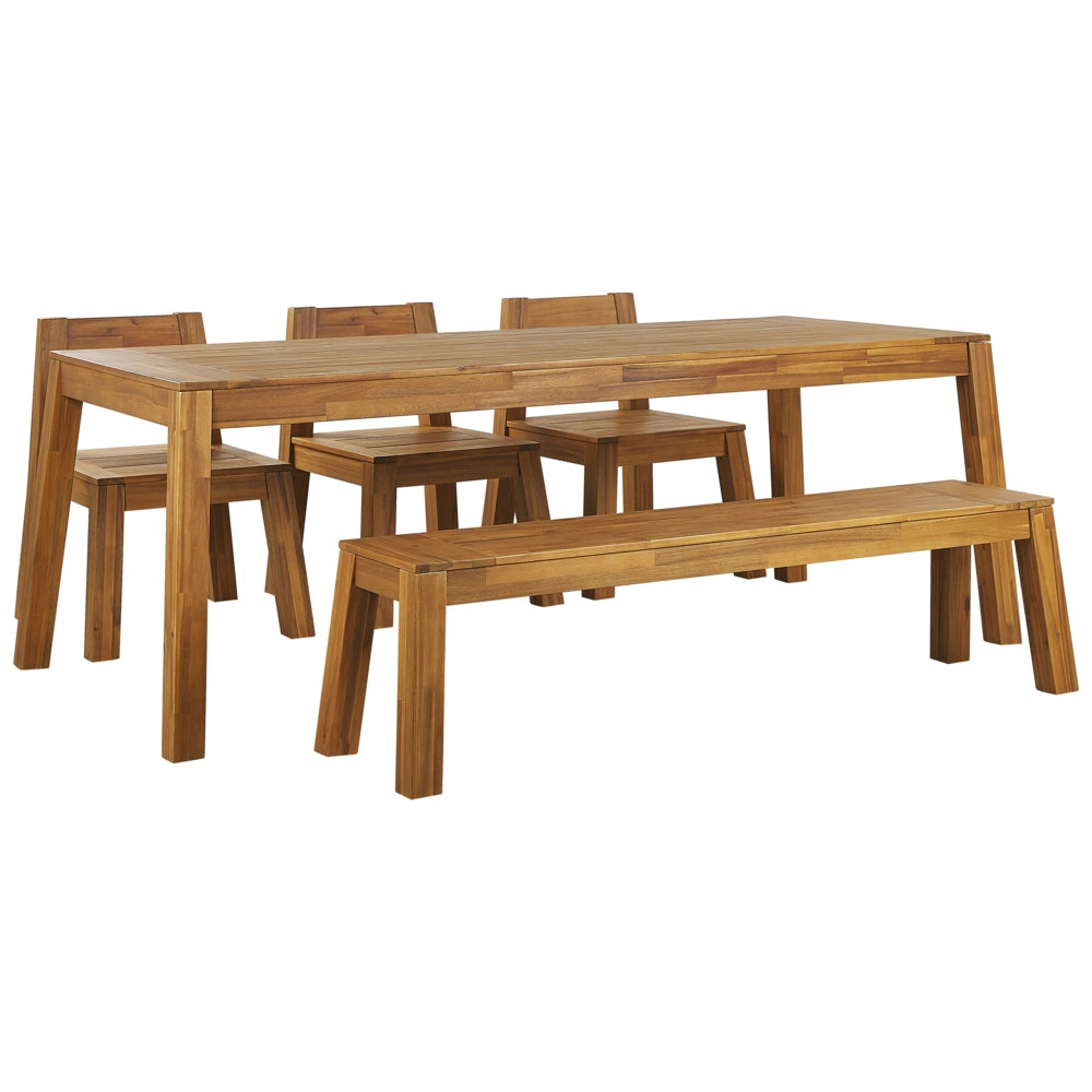Set da pranzo da giardino 5 pezzi in legno di acacia laminato tavolo rettangolare panca 3 sedie stile rustico design moderno