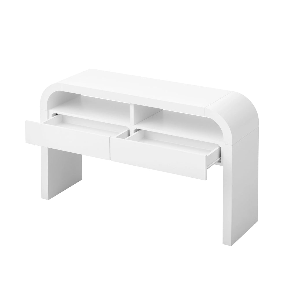 Tavolo console moderno con cassetti - Zephmum - Frontale curvo, piedi regolabili, bianco
