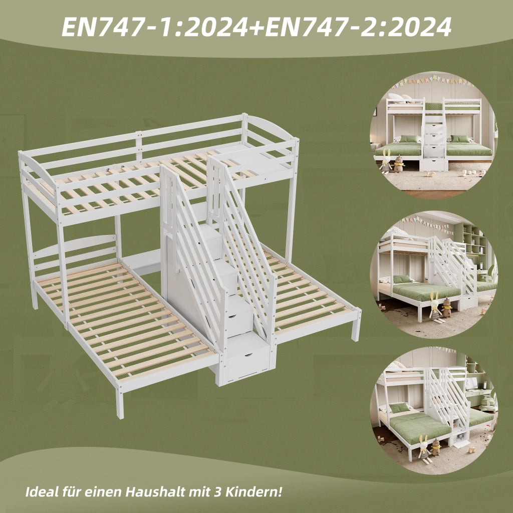 OKWISH Letto a Castello 90×200 cm, Letto 3 Posti con Scala Contenitore, Cassetti e Sponde, senza Materasso, in Pino, Bianco
