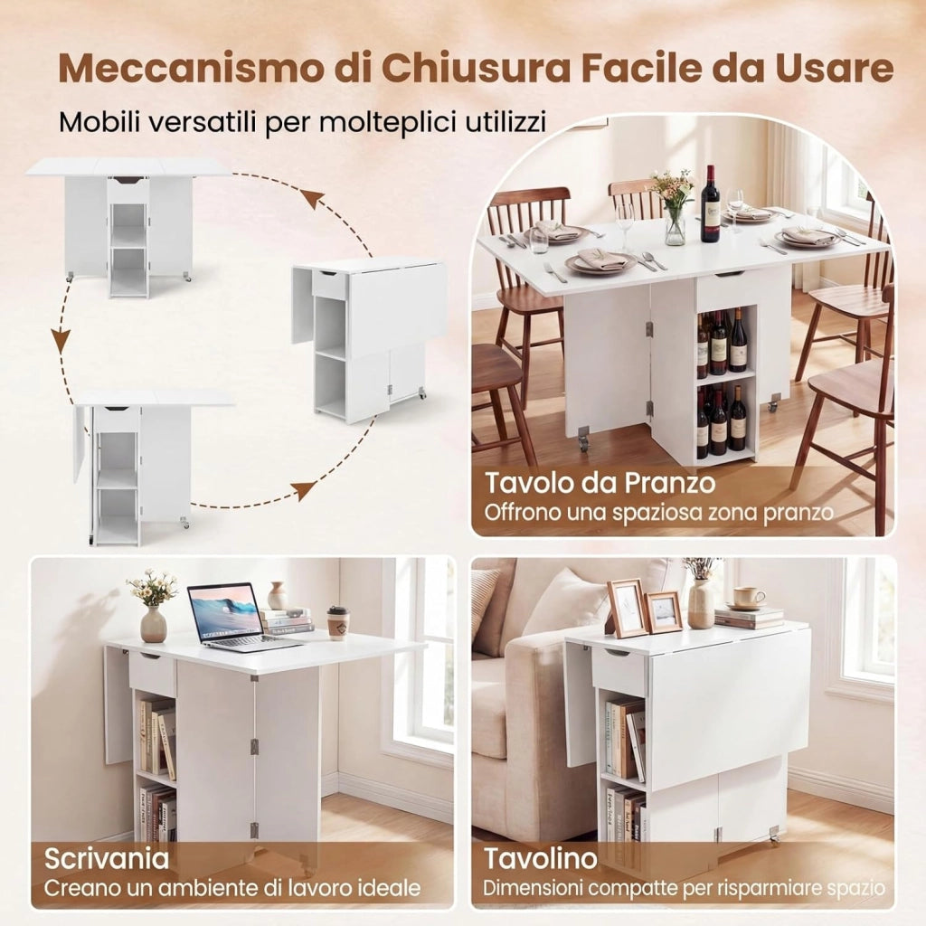 Tavolo da Pranzo Pieghevole, Tavolo Salvaspazio per 4-6 Persone con 2 Ripiani, Cassetto e Ruote a Freno, Tavolino Cucina per Cucina, Soggiorno e Ufficio, 120 x 72 x 75 cm (Bianco)