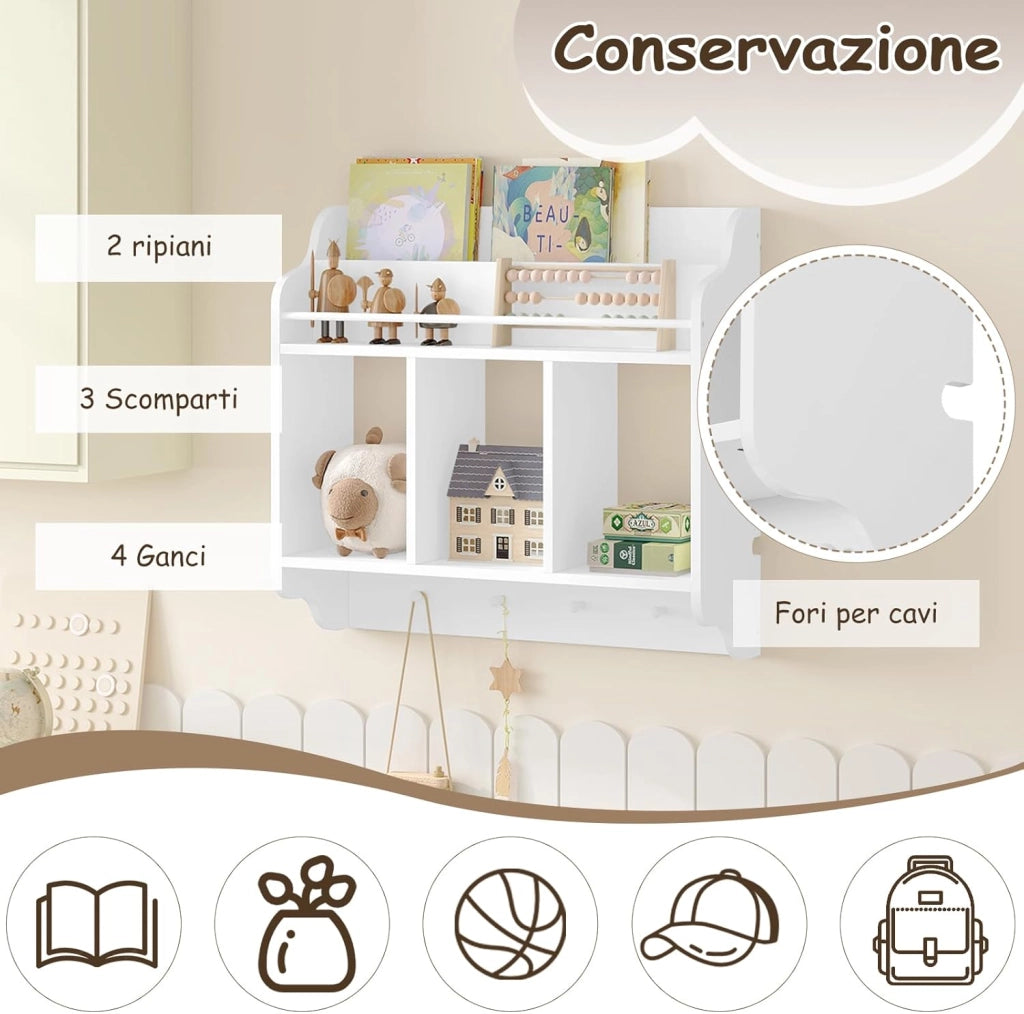 Scaffale per Bambini, Scaffale a Muro per Libri, Scaffale a Muro per Libri, Unità di Archiviazione con 3 Cubi Aperti, 4 Pomelli per Appendere, Mobili per Asilo Nido, Bianco