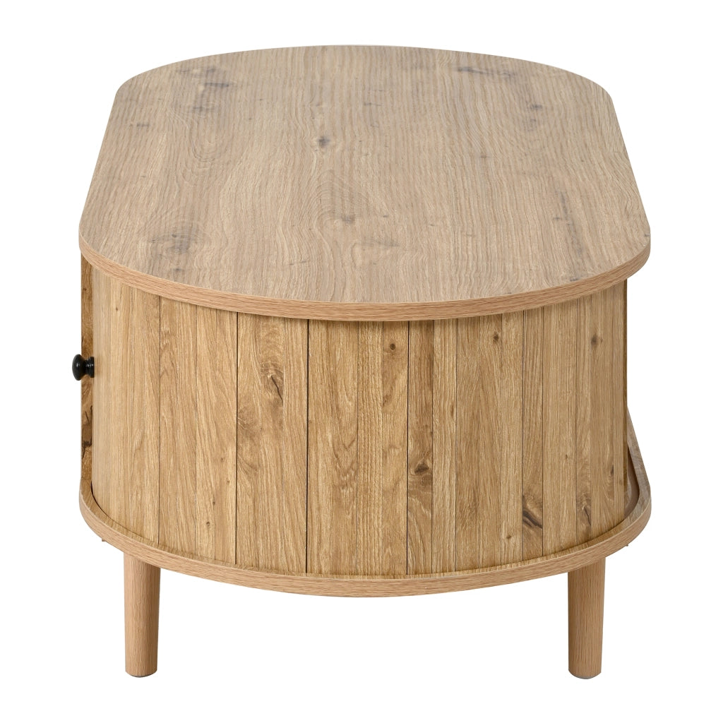 Tavolino ovale, finitura effetto legno, ante scorrevoli, 2 cassetti, in MDF, color legno naturale