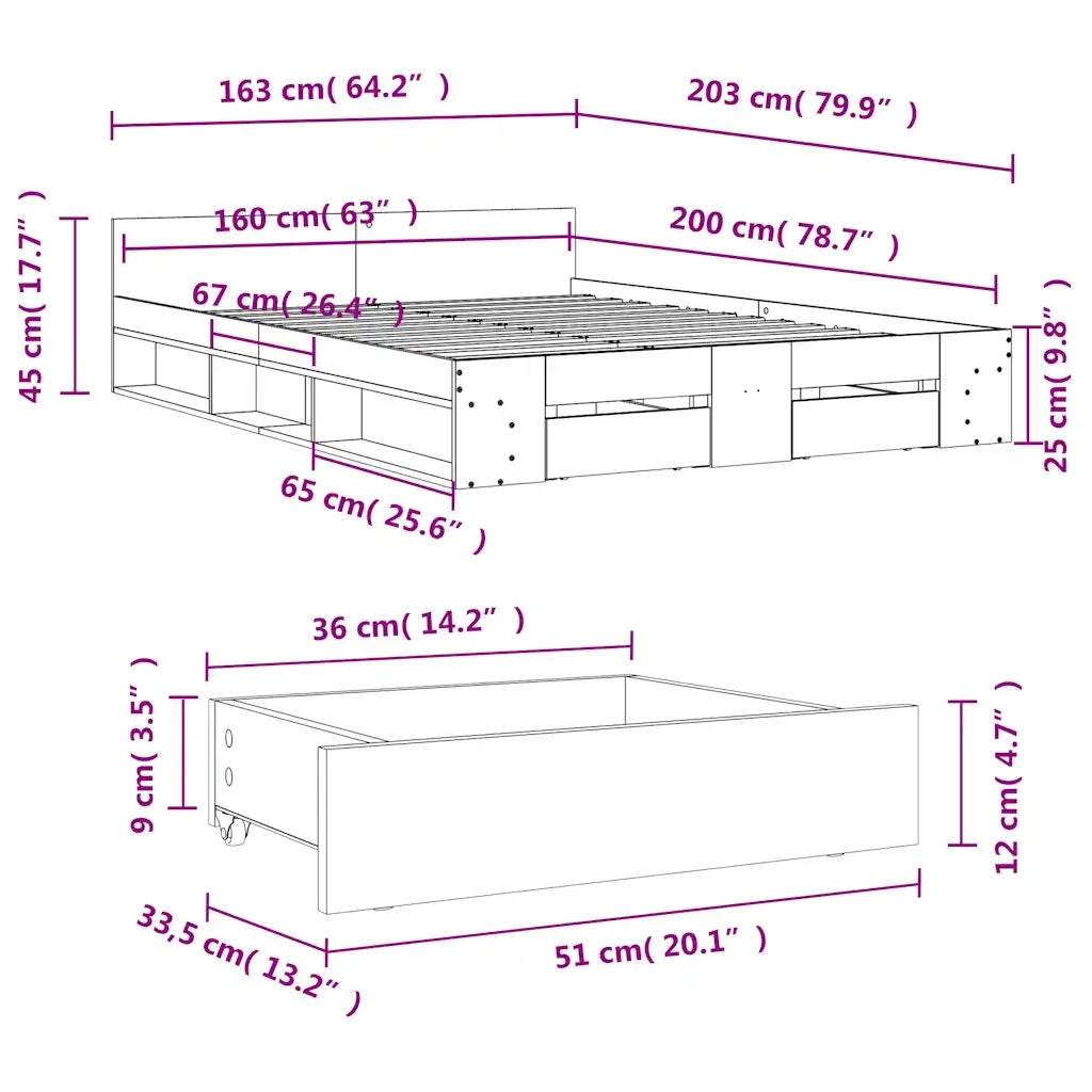 Giroletto Cassetti Grigio Cemento 160x200 cm Legno Multistrato
