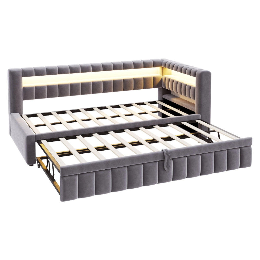 Divano letto imbottito estraibile 90x200 cm con LED, porta USB e vano portaoggetti, grigio