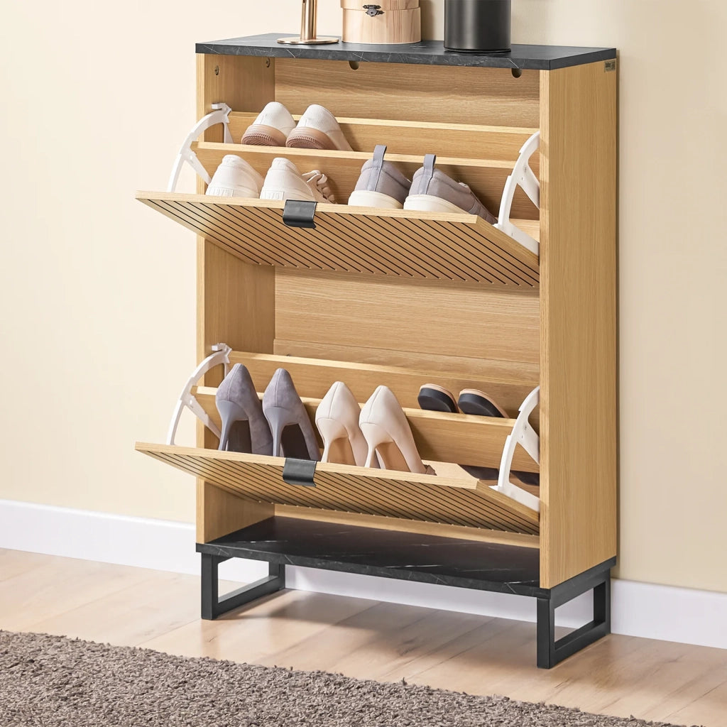 SoBuy Scarpiera Salvaspazio Slim a 2 Ante - Mobile Ingresso Moderno per Scarpe - Mobile Scarpiera da 8-12 Paia, con Struttura Resistente, Effetto Marmo Nero e Legno Chiaro, 60x24x88cm, FSR202-N