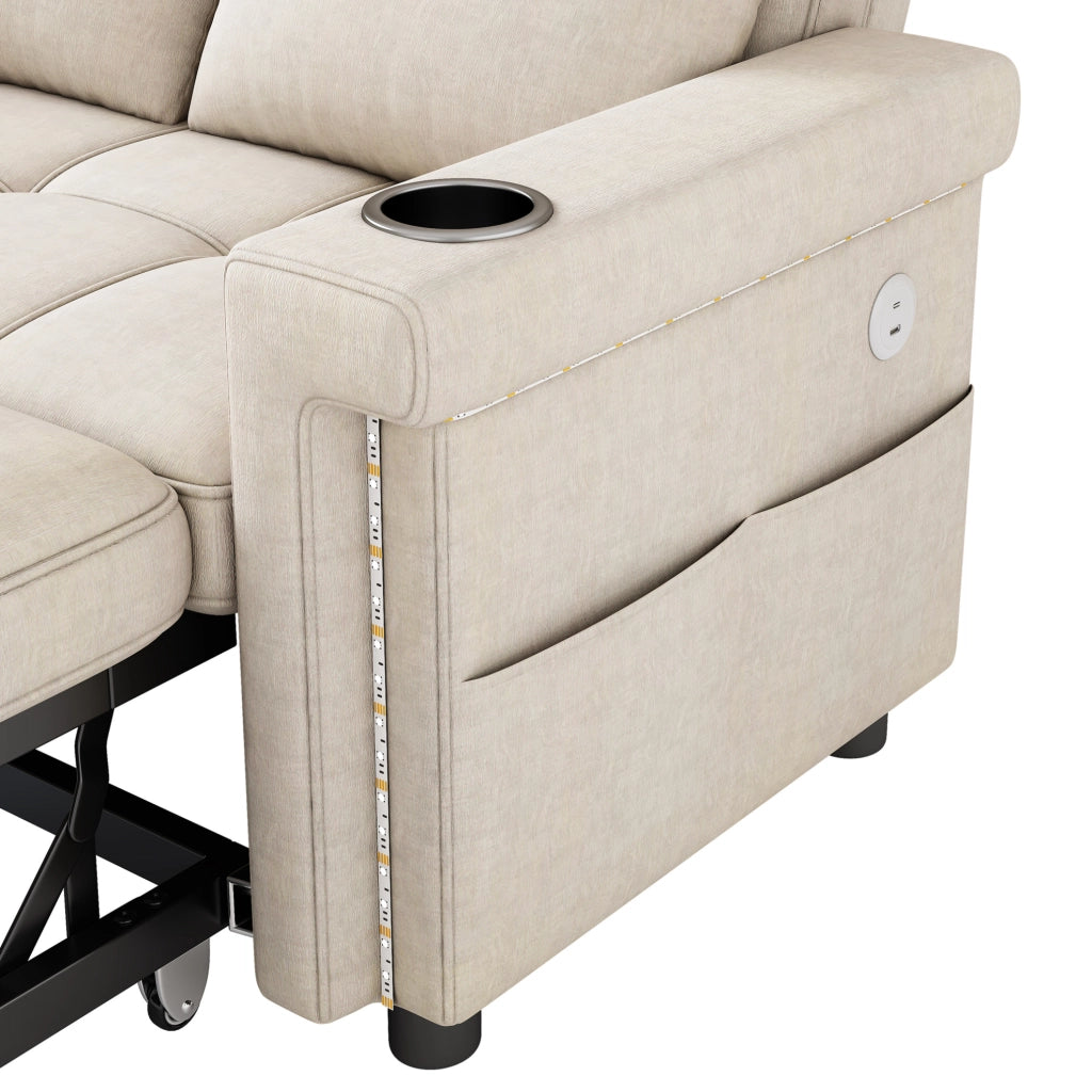 Divano letto 2 posti 145x141;5 cm in ciniglia beige con LED e porte USB/Type-C HOMVRA