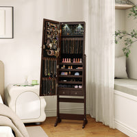 Armadio per gioielli autoportante, Organizzatore di gioielli con specchio a lunghezza intera luci LED Marrone-Armadietti per gioielli