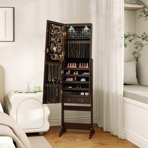 Armadio per gioielli autoportante, Organizzatore di gioielli con specchio a lunghezza intera luci LED Marrone-Armadietti per gioielli