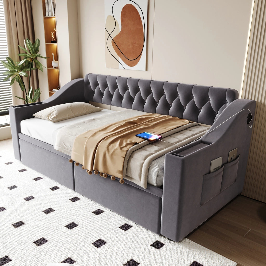 Letto imbottito 90x190 cm con divano letto, tessuto velluto, 2 cassetti contenitore, porte USB e struttura in metallo, grigio scuro