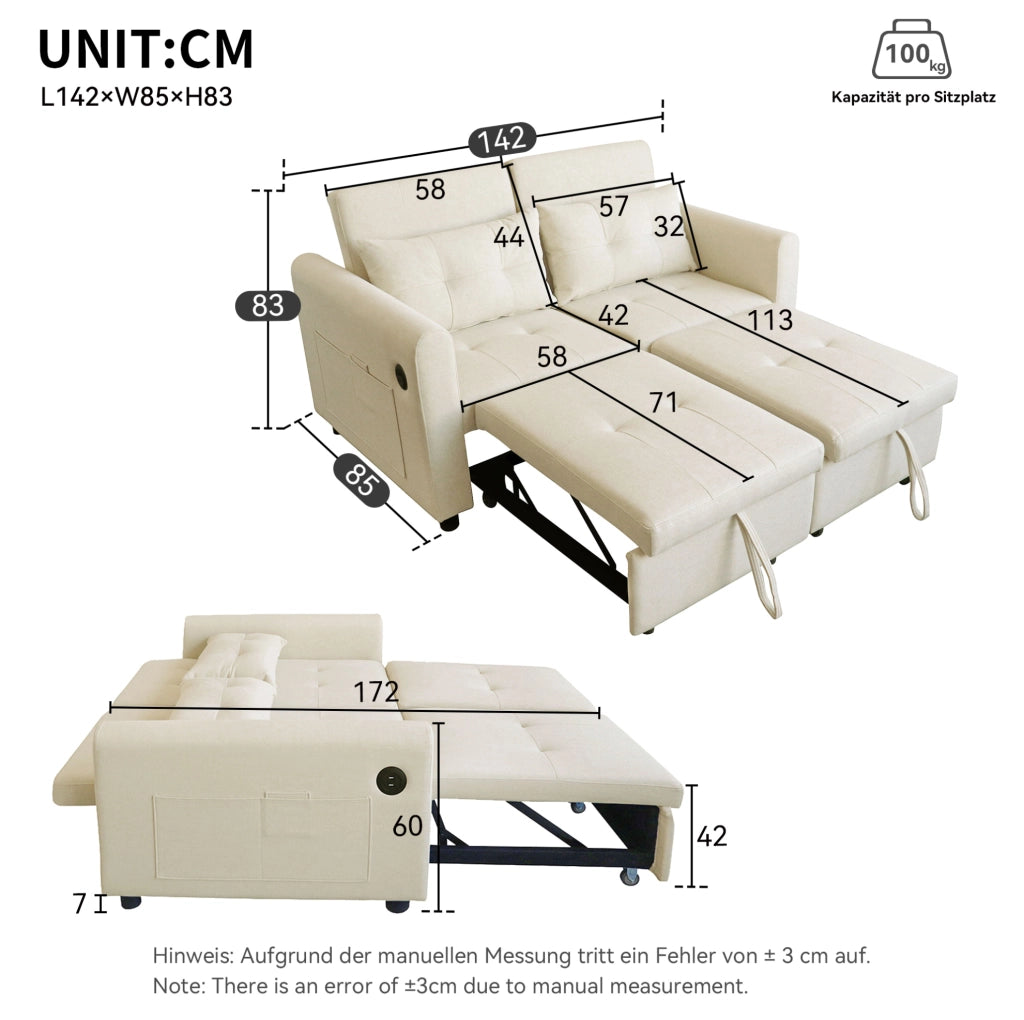 Divano letto 2 posti 3-in-1 beige con schienale regolabile; USB e tasche laterali HOMVRA