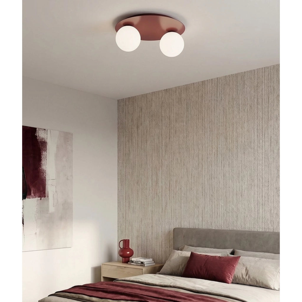 Lampada da soffitto Solar in acciaio bordeaux e vetro opale
