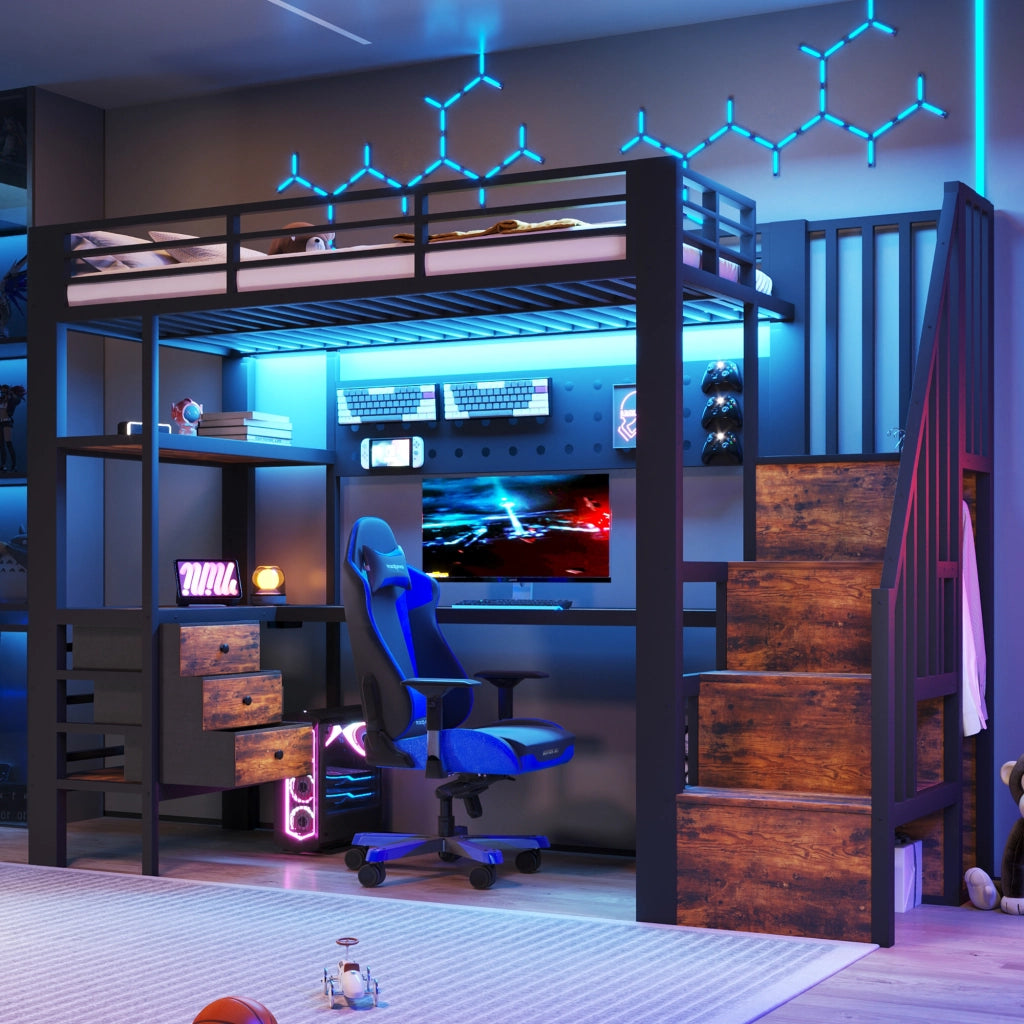 Letto a castello con scrivania a LED 90x200 cm realizzato in MDF nero e metallo